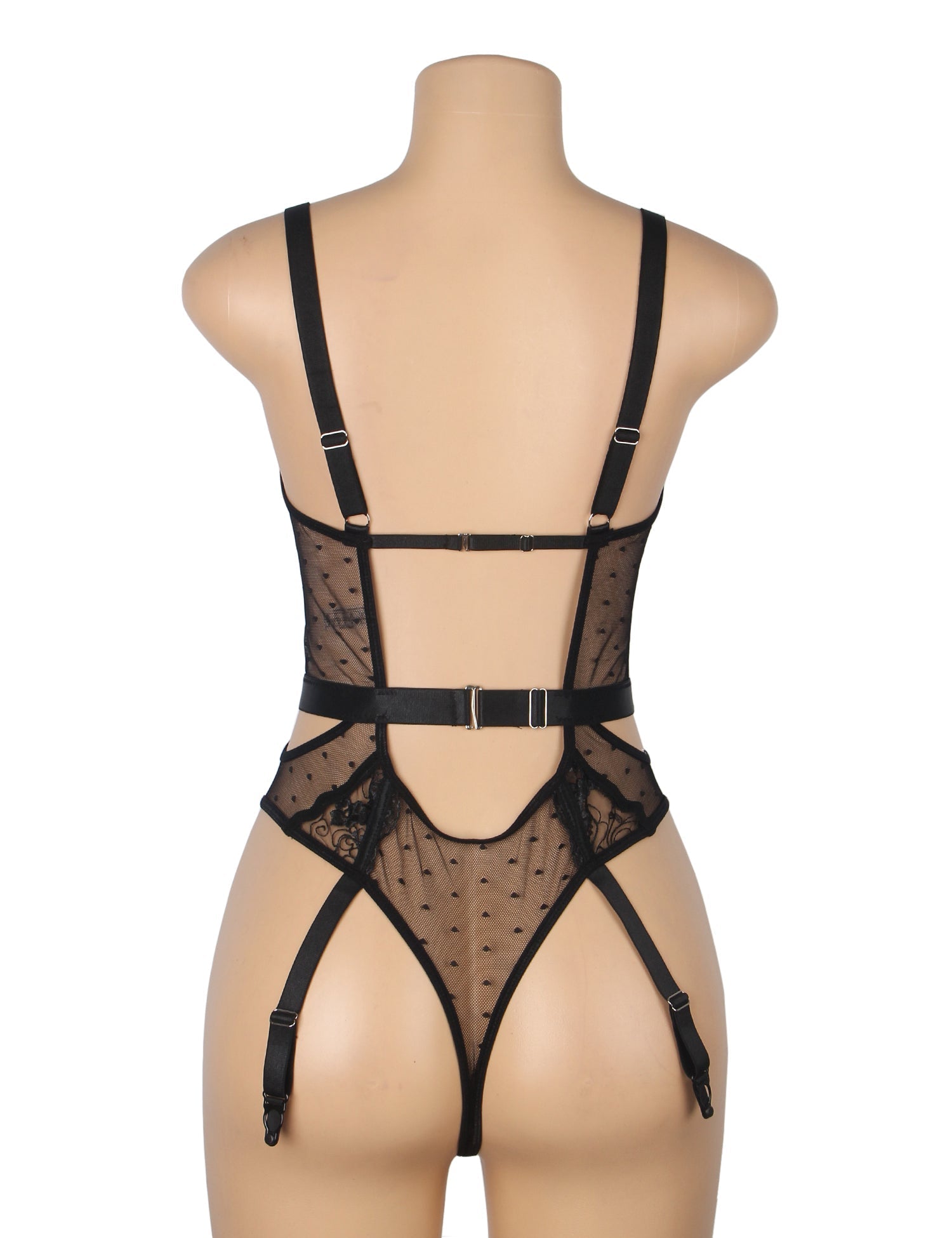 Black Mesh Bodysuit with 3D Embroidery, Underwire, Hollow - Out Back & Four Garter Straps - TeaseFashion