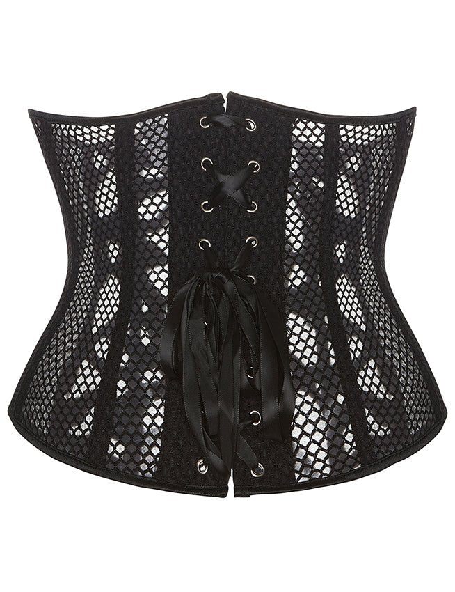 Black Mesh Corset – 14 Soft Bones, Busk Closure & Panties Included - TeaseFashion