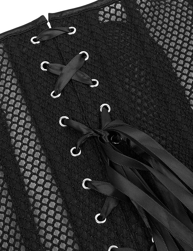 Black Mesh Corset – 14 Soft Bones, Busk Closure & Panties Included - TeaseFashion