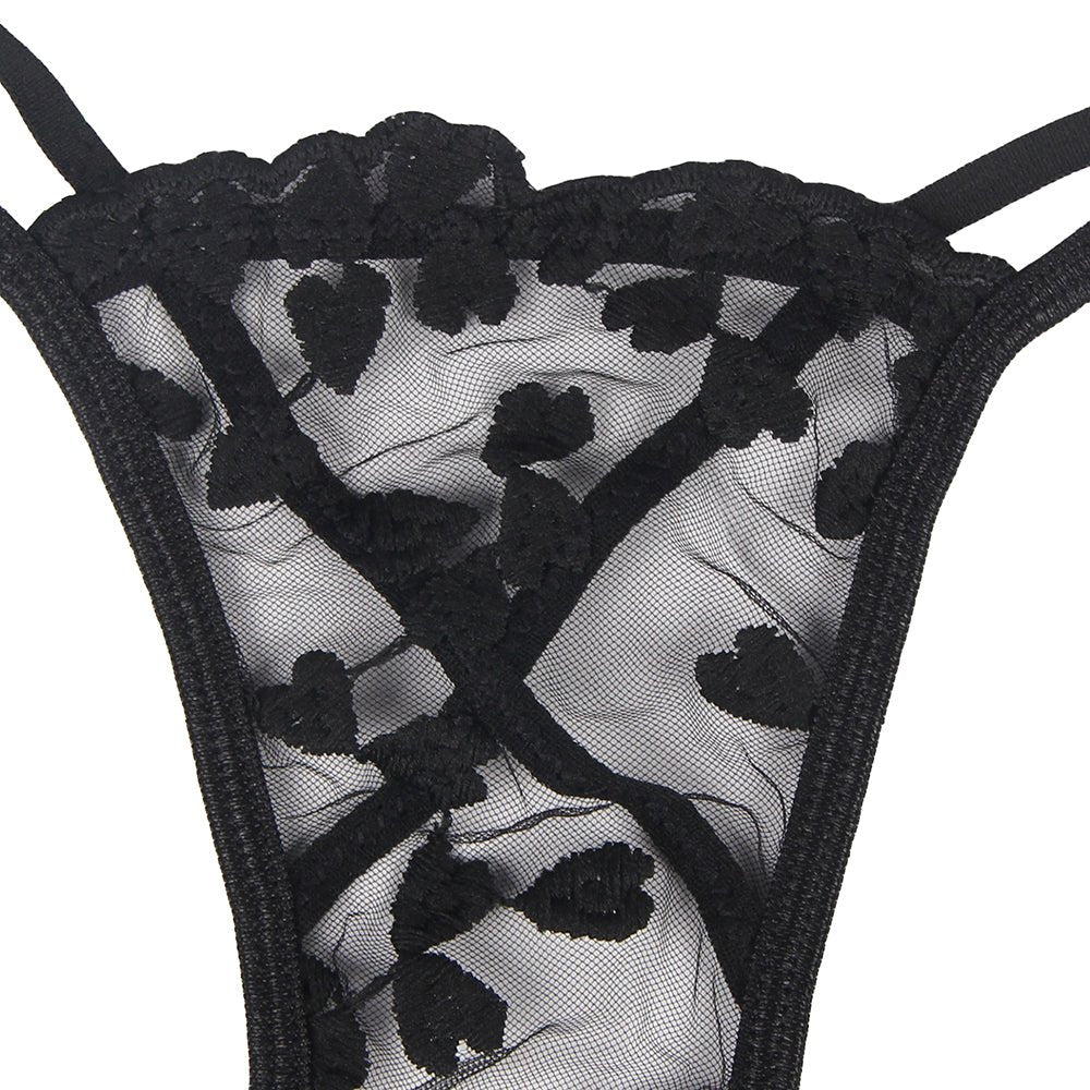 Black Mesh Embroidery Bra Set – Underwire, Bow & Floral Detail - TeaseFashion