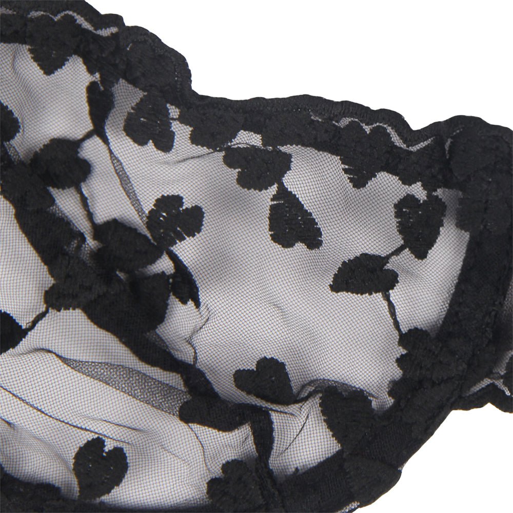 Black Mesh Embroidery Bra Set – Underwire, Bow & Floral Detail - TeaseFashion