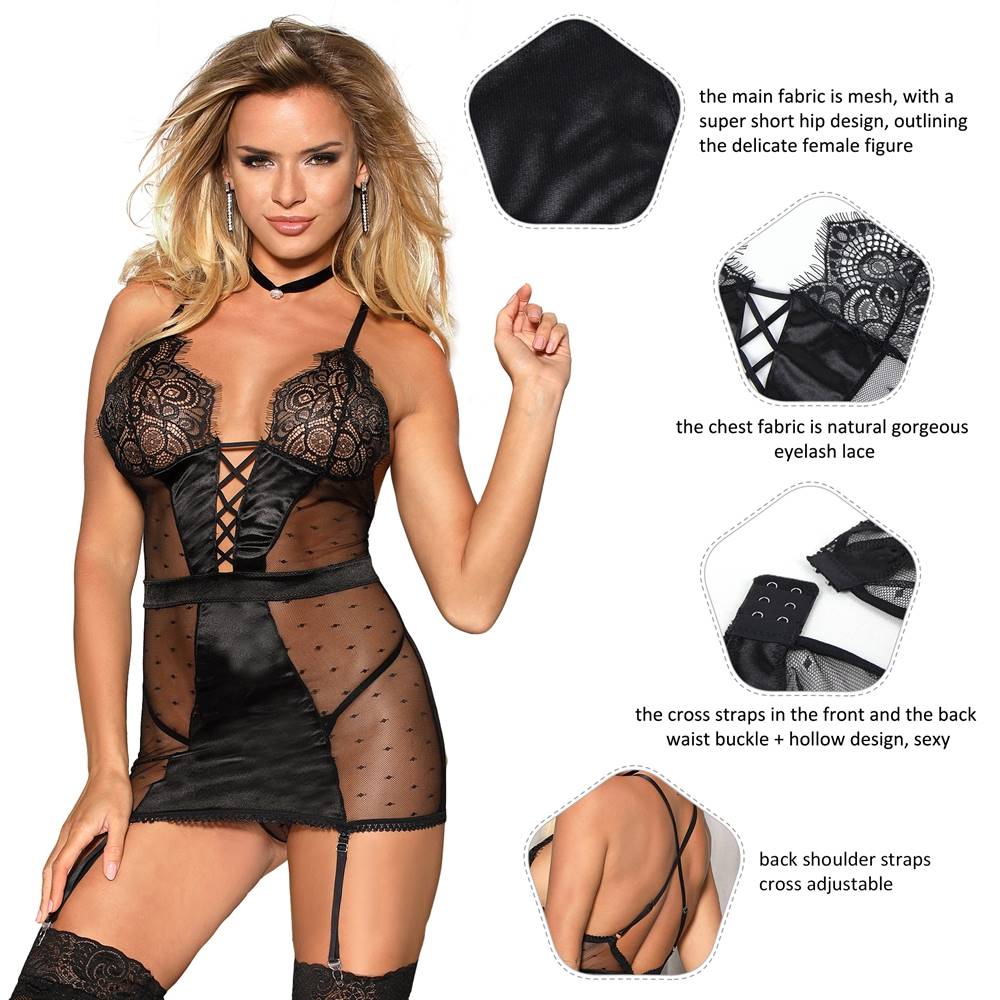 Black Mesh Eyelash Lace Garter Lingerie Set – Criss - Cross Front Straps, Hollow - Out Back, Crossover Shoulder Straps & G - String Included - TeaseFashion