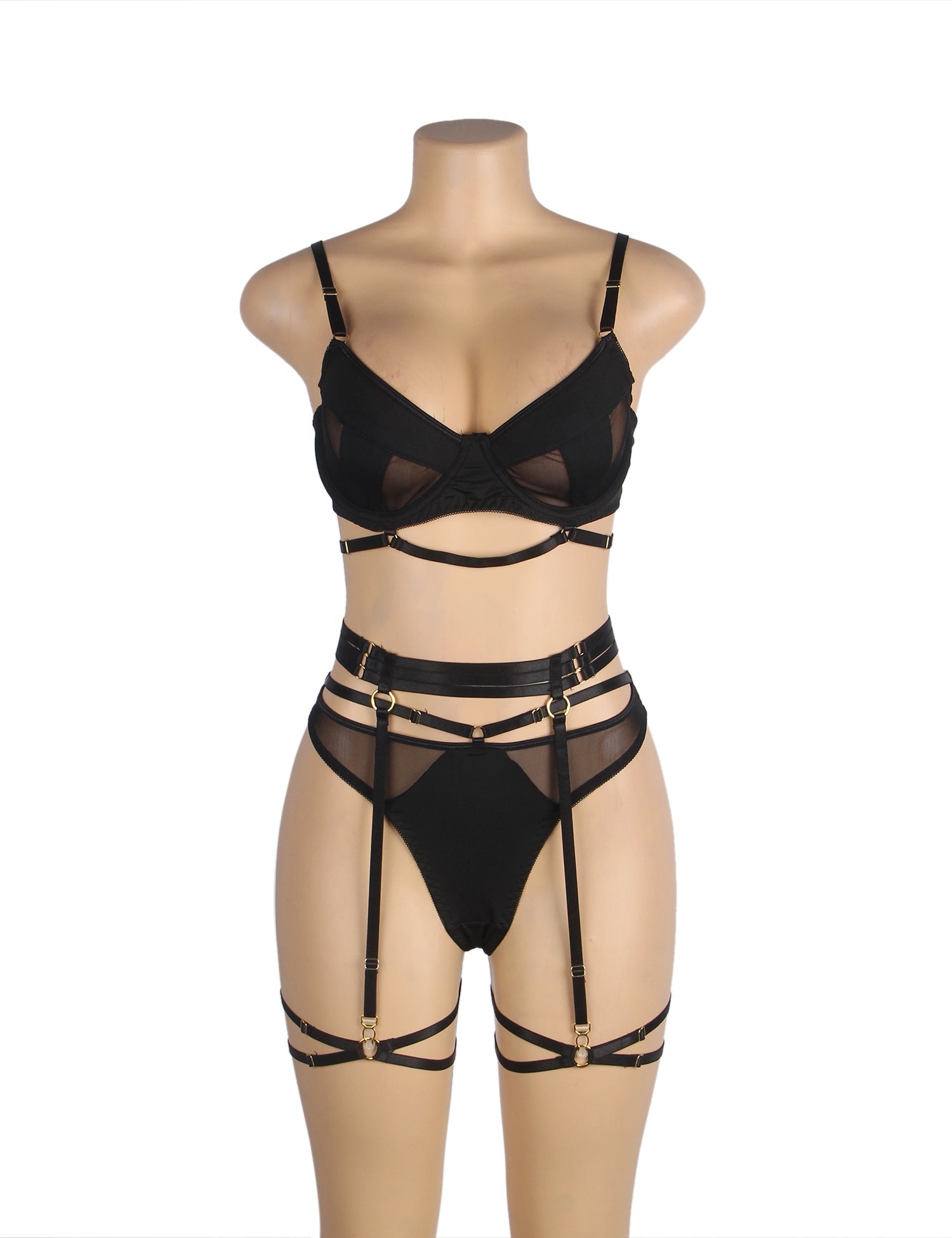 Black Mesh Garter Lingerie Set – Metal Rings, Detachable Leg Rings & Underwire - TeaseFashion