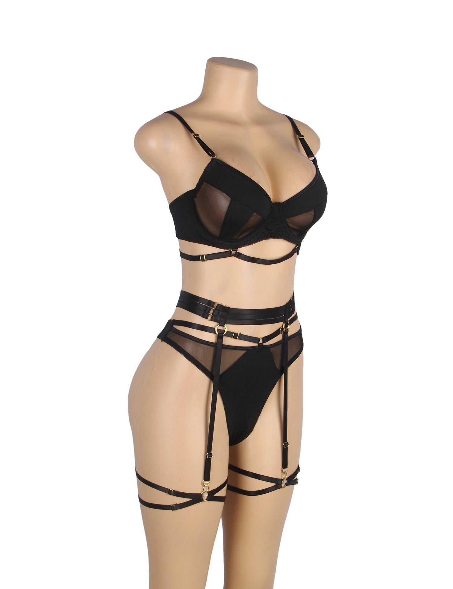 Black Mesh Garter Lingerie Set – Metal Rings, Detachable Leg Rings & Underwire - TeaseFashion