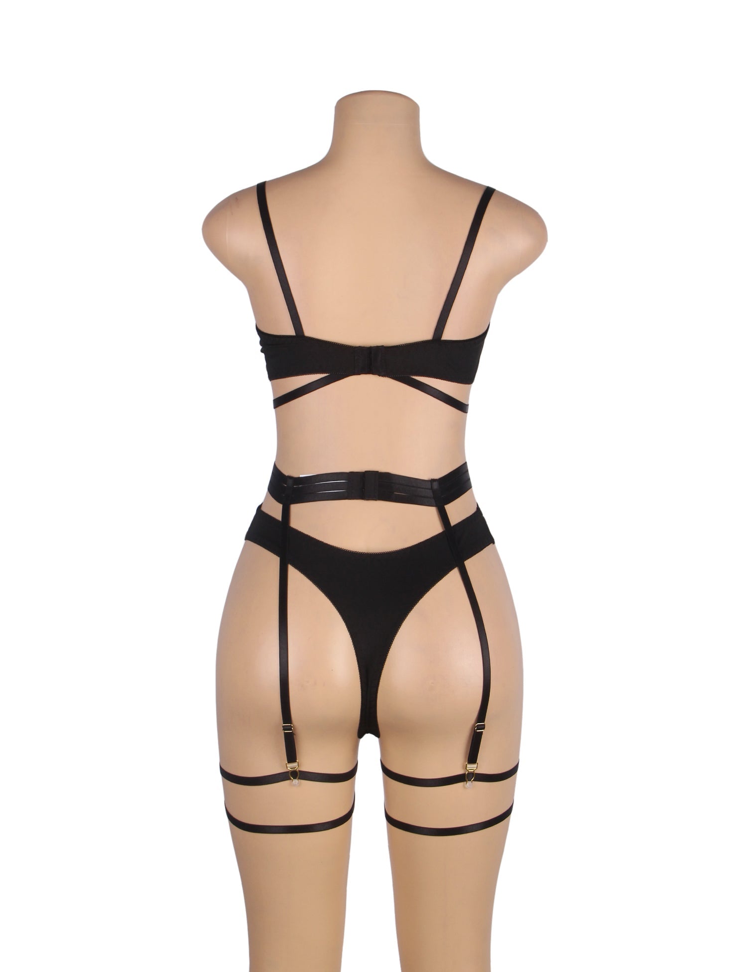 Black Mesh Garter Lingerie Set – Metal Rings, Detachable Leg Rings & Underwire - TeaseFashion