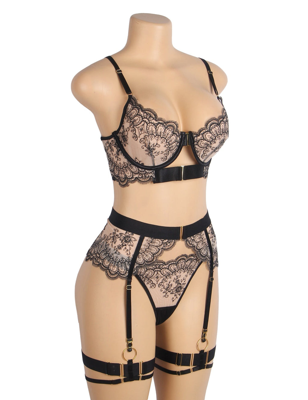 Black Mesh Lace 3D Floral Embroidery Bra Garter Set – Wide - Band Garters - TeaseFashion