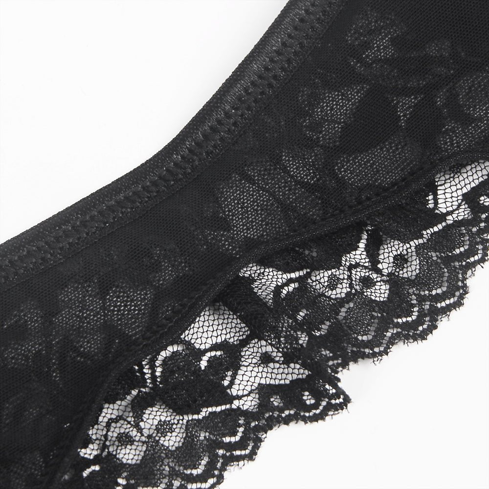 Black Mesh Lace Garter Panty – Lace Waistband, Adjustable Back Closure, Four Elastic Garter Straps & Thong - Style Back - TeaseFashion