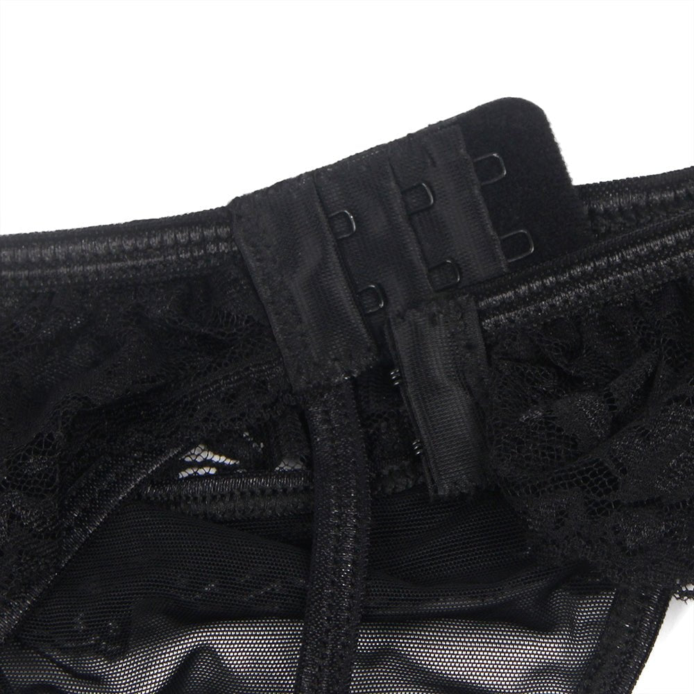 Black Mesh Lace Garter Panty – Lace Waistband, Adjustable Back Closure, Four Elastic Garter Straps & Thong - Style Back - TeaseFashion