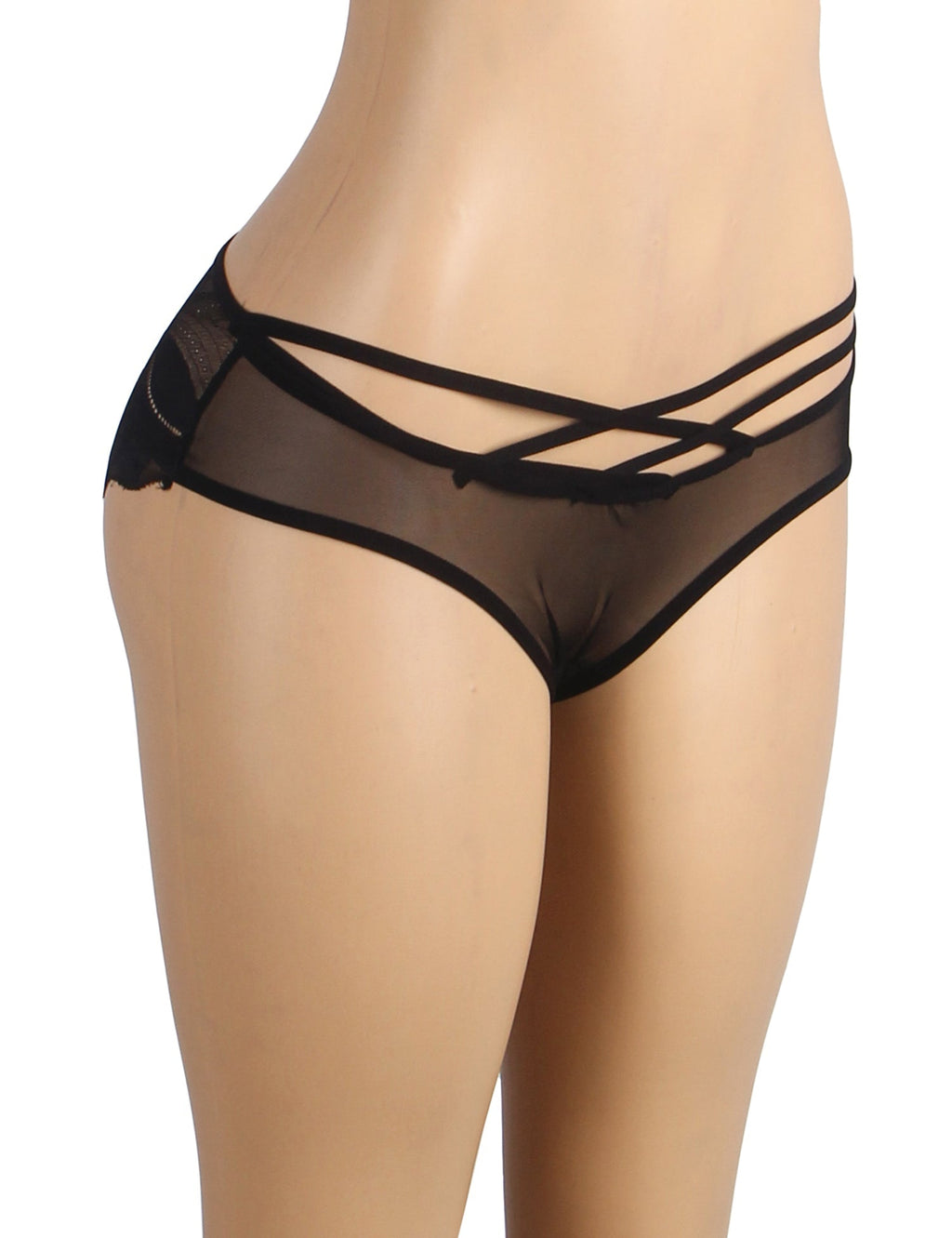 Black Mesh Lace Panty – Cross - Strap Hollow Waist, Lace Back & Cotton Gusset - TeaseFashion
