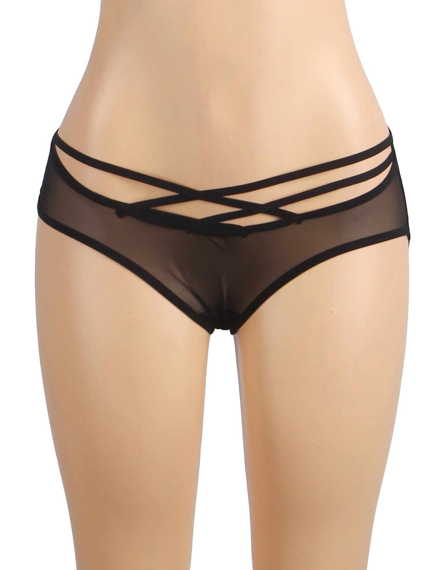 Black Mesh Lace Panty – Cross - Strap Hollow Waist, Lace Back & Cotton Gusset - TeaseFashion