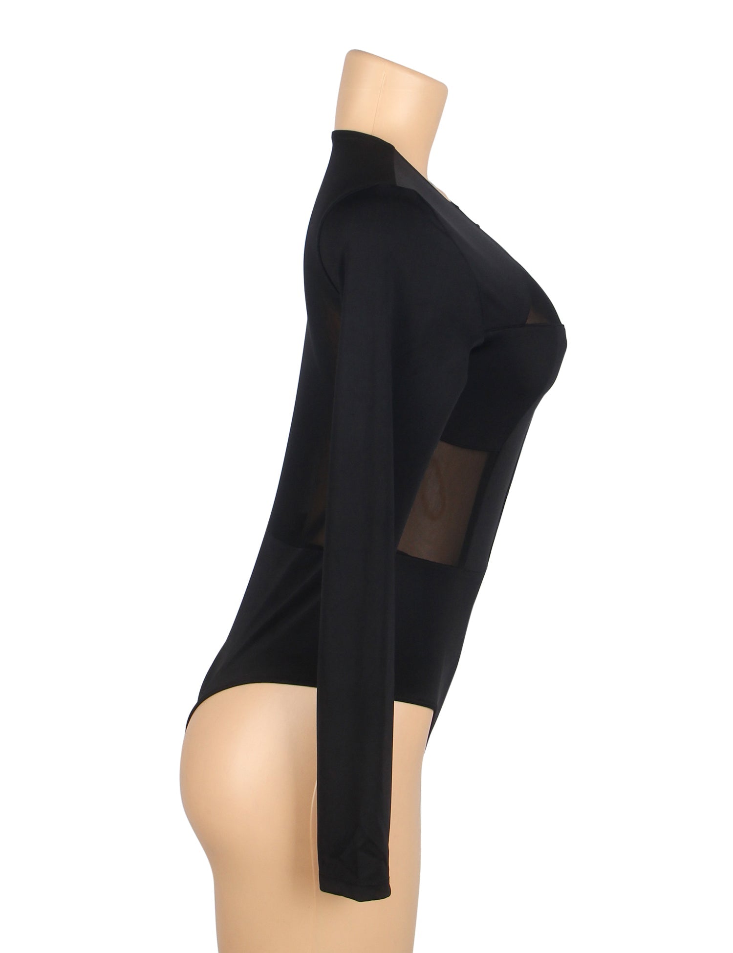 Black Mesh Long - Sleeve Snap - Crotch Bodysuit - TeaseFashion