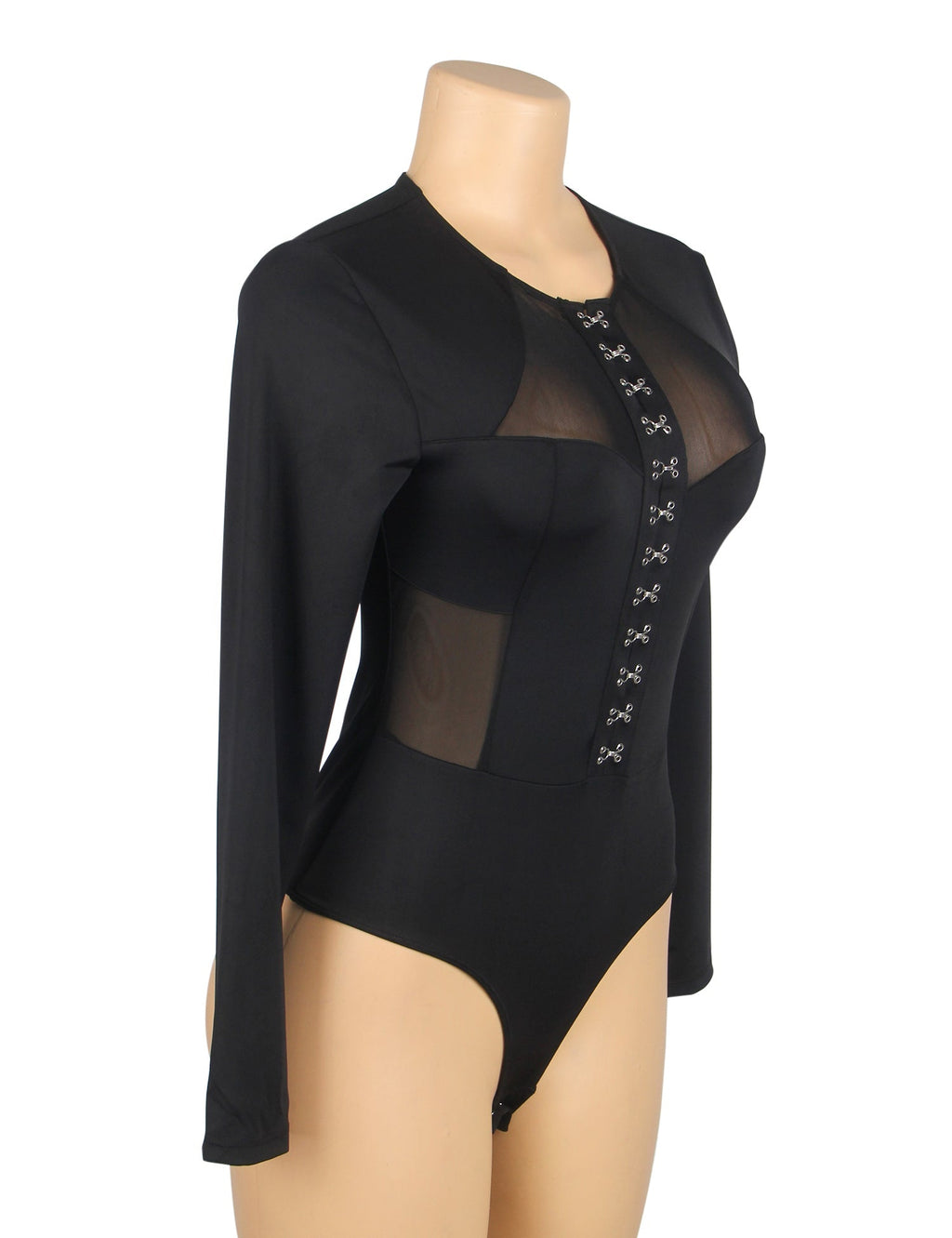 Black Mesh Long - Sleeve Snap - Crotch Bodysuit - TeaseFashion