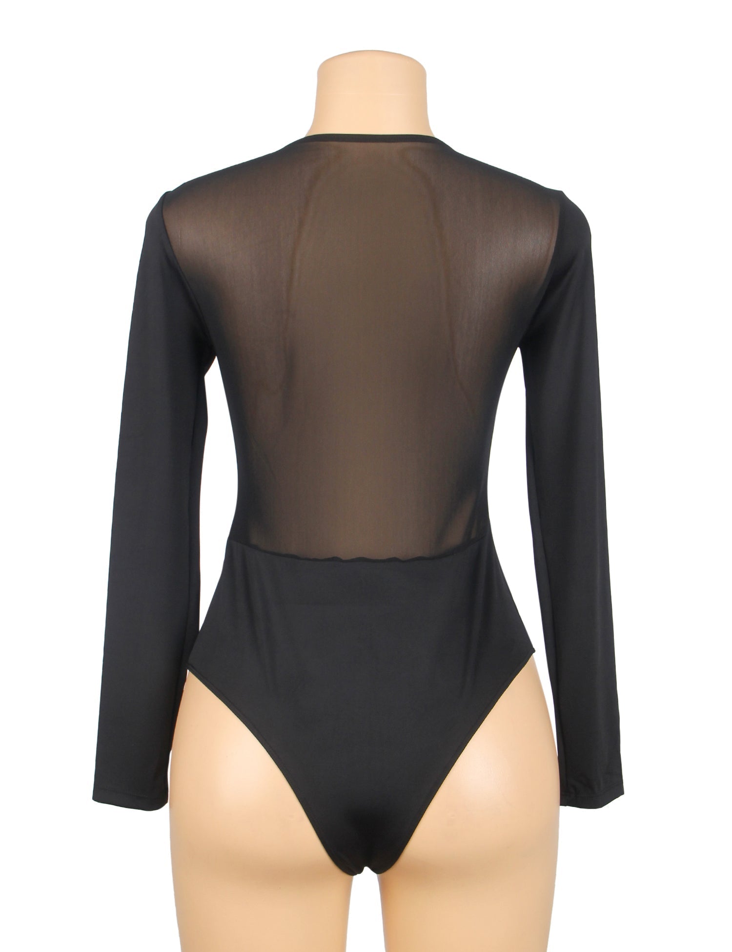 Black Mesh Long - Sleeve Snap - Crotch Bodysuit - TeaseFashion