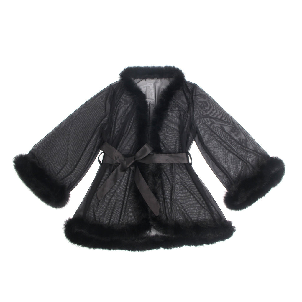 Black Mesh & Mink Fur Trim Short Robe – Long Sleeves & Satin Belt - TeaseFashion