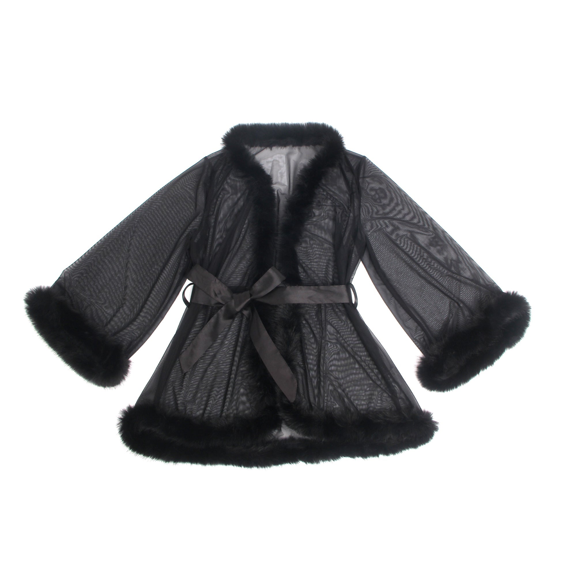 Black Mesh & Mink Fur Trim Short Robe – Long Sleeves & Satin Belt - TeaseFashion