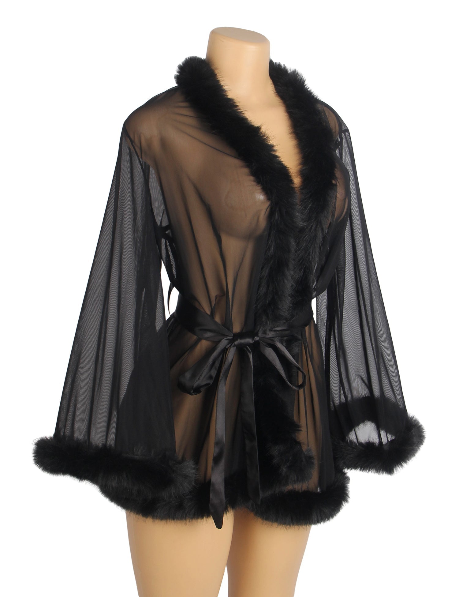 Black Mesh & Mink Fur Trim Short Robe – Long Sleeves & Satin Belt - TeaseFashion