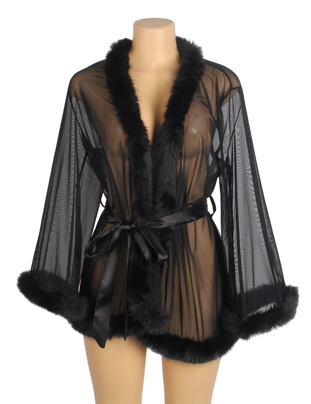 Black Mesh & Mink Fur Trim Short Robe – Long Sleeves & Satin Belt - TeaseFashion
