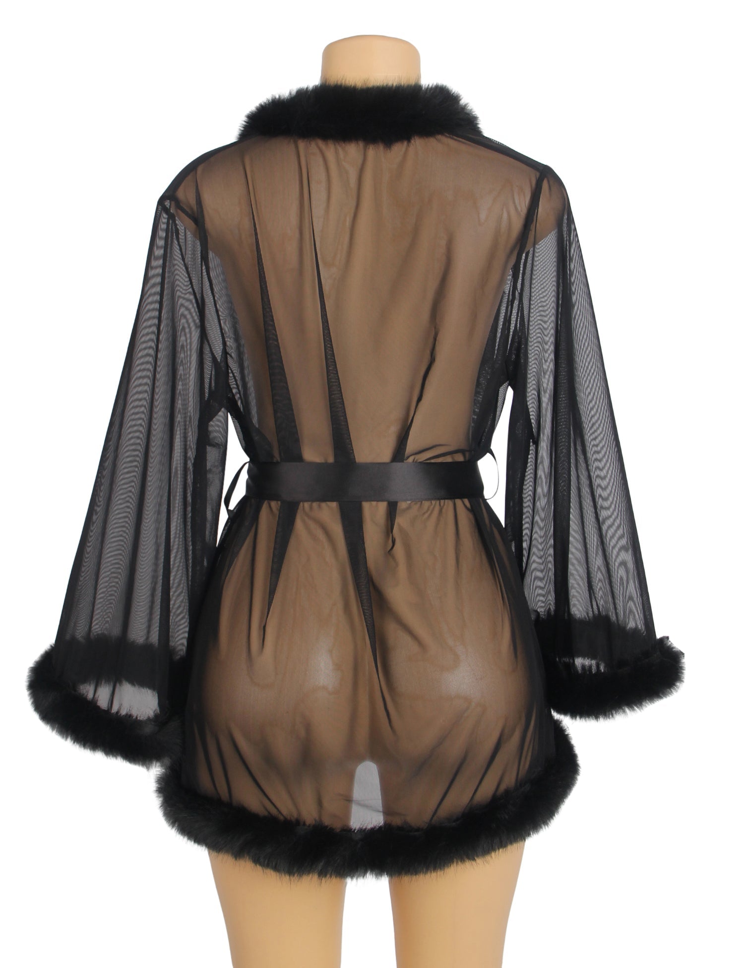 Black Mesh & Mink Fur Trim Short Robe – Long Sleeves & Satin Belt - TeaseFashion