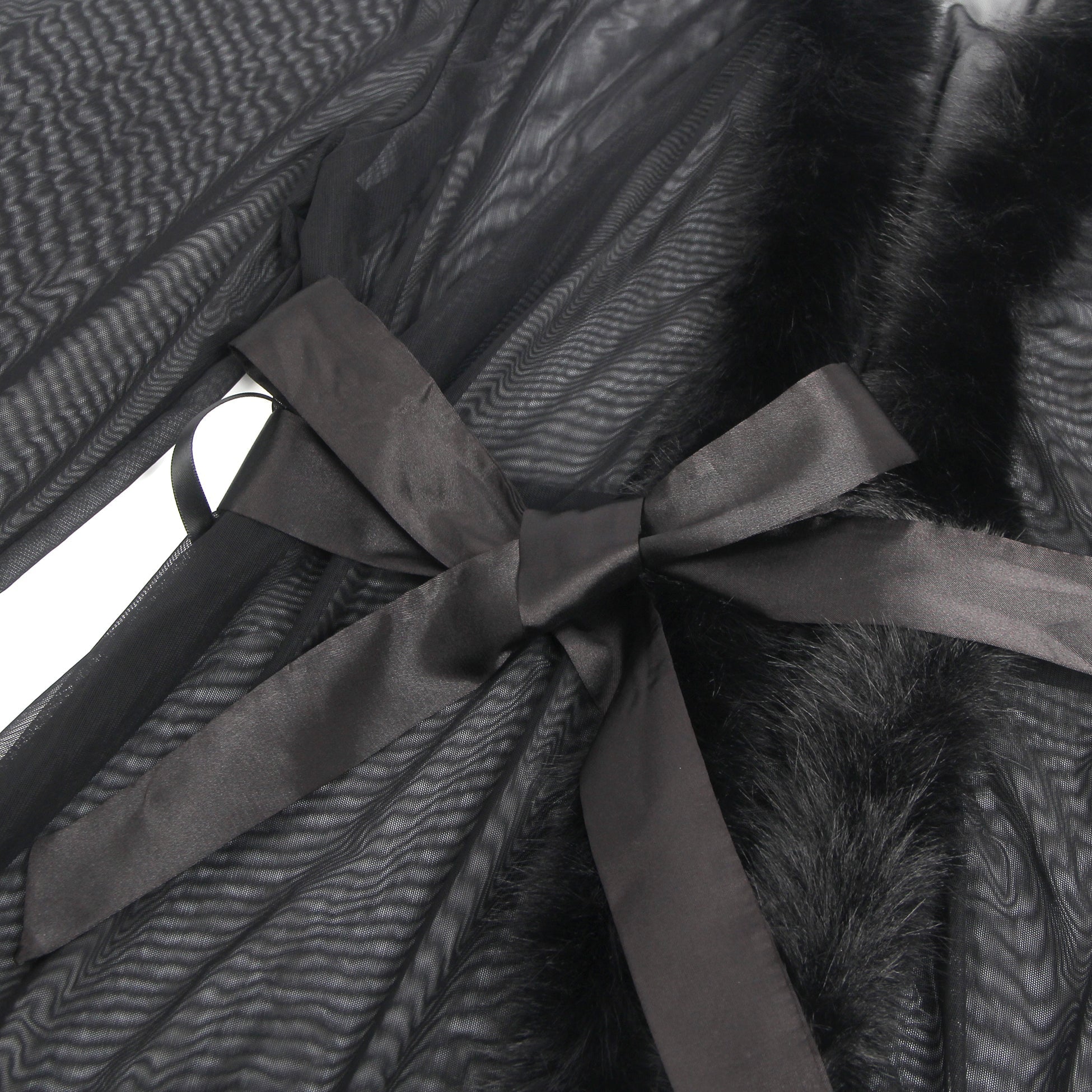 Black Mesh & Mink Fur Trim Short Robe – Long Sleeves & Satin Belt - TeaseFashion