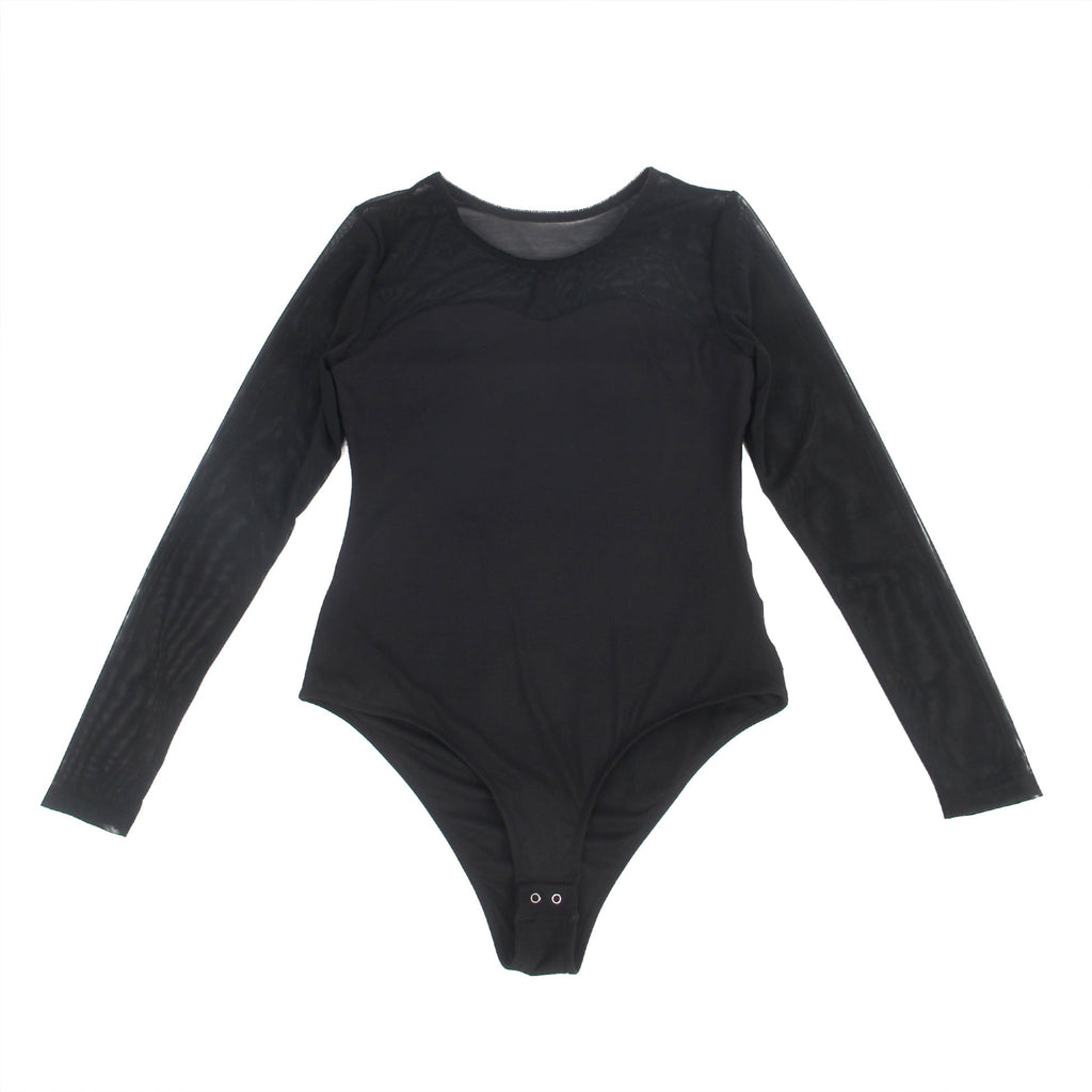 Black Mesh Open - Crotch Snap Bodysuit - TeaseFashion