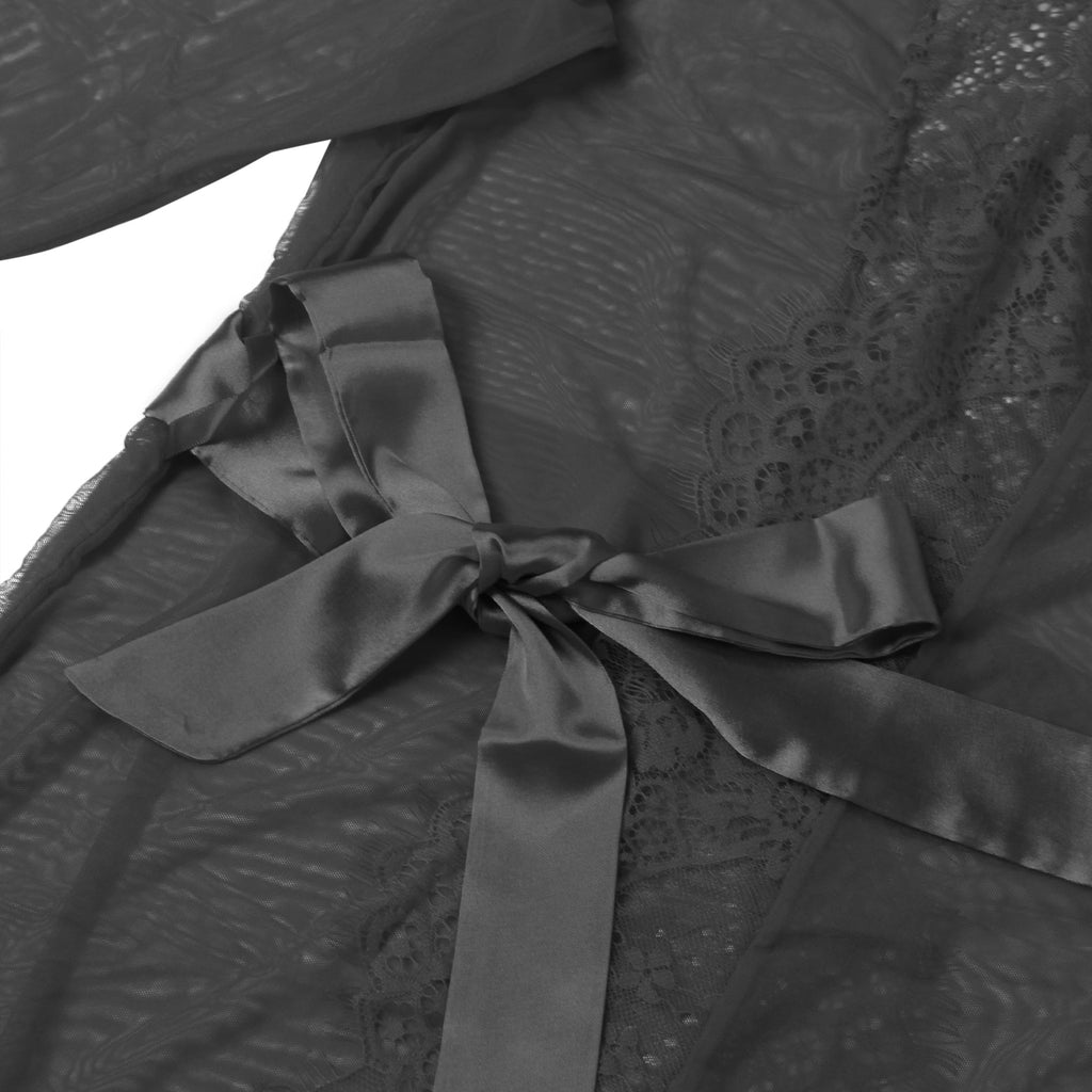 Black Mesh Open - Front Long Robe with Eyelash Lace at Bust, Waist & Hem, and Adjustable Waistband - TeaseFashion