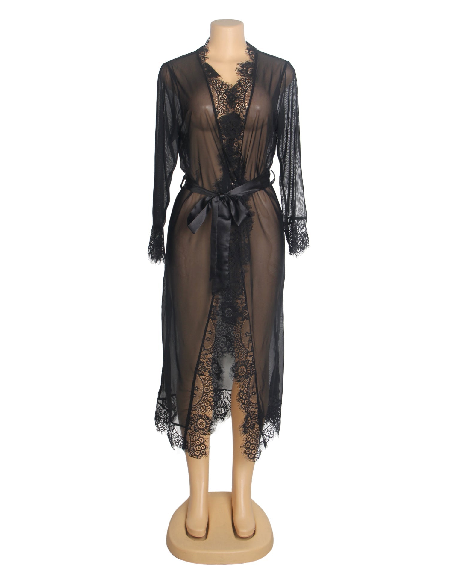 Black Mesh Open - Front Long Robe with Eyelash Lace at Bust, Waist & Hem, and Adjustable Waistband - TeaseFashion