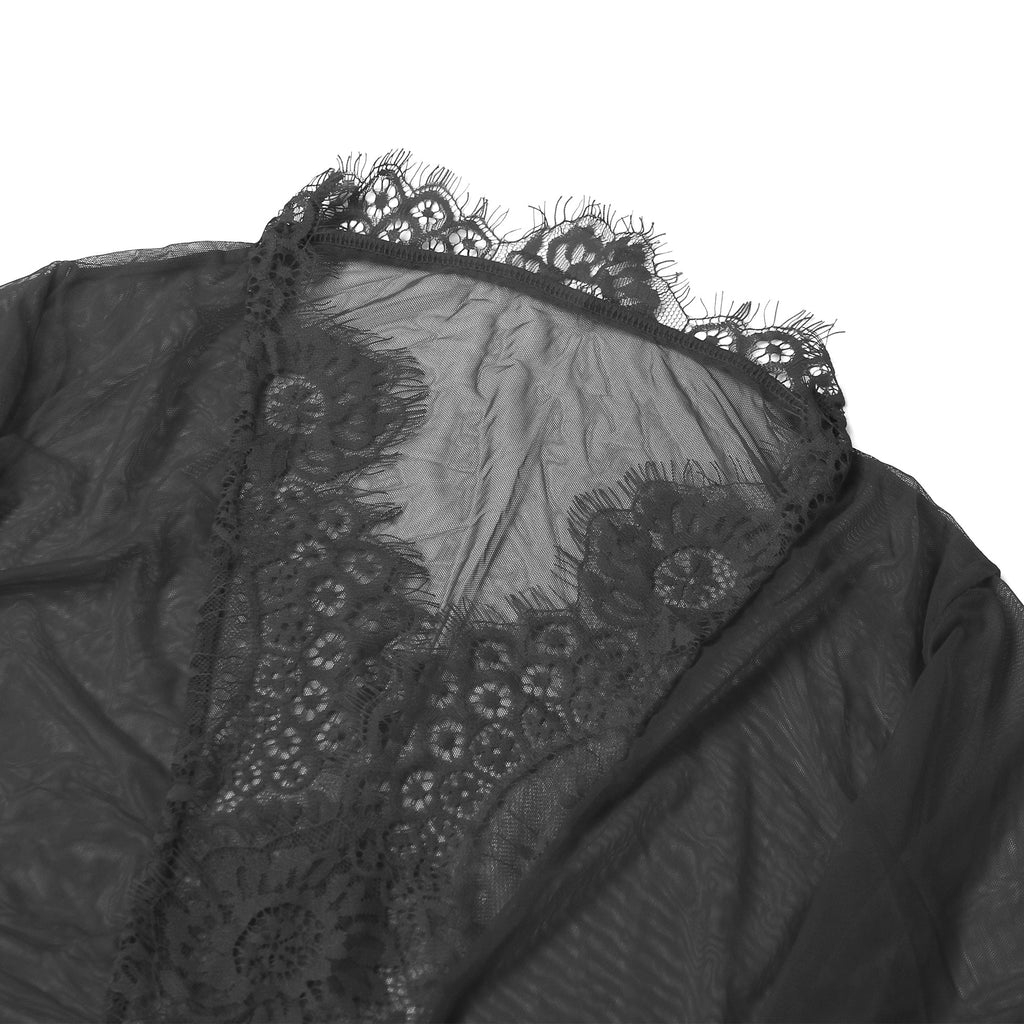 Black Mesh Open - Front Long Robe with Eyelash Lace at Bust, Waist & Hem, and Adjustable Waistband - TeaseFashion