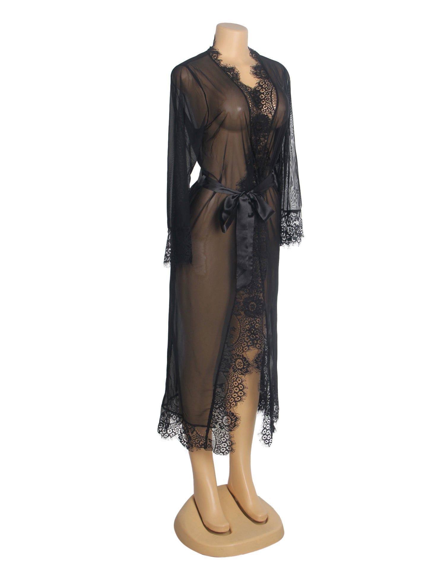 Black Mesh Open - Front Long Robe with Eyelash Lace at Bust, Waist & Hem, and Adjustable Waistband - TeaseFashion