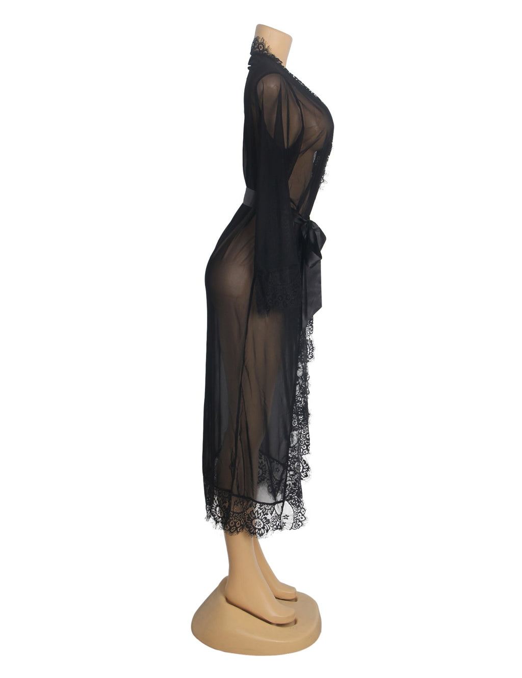 Black Mesh Open - Front Long Robe with Eyelash Lace at Bust, Waist & Hem, and Adjustable Waistband - TeaseFashion