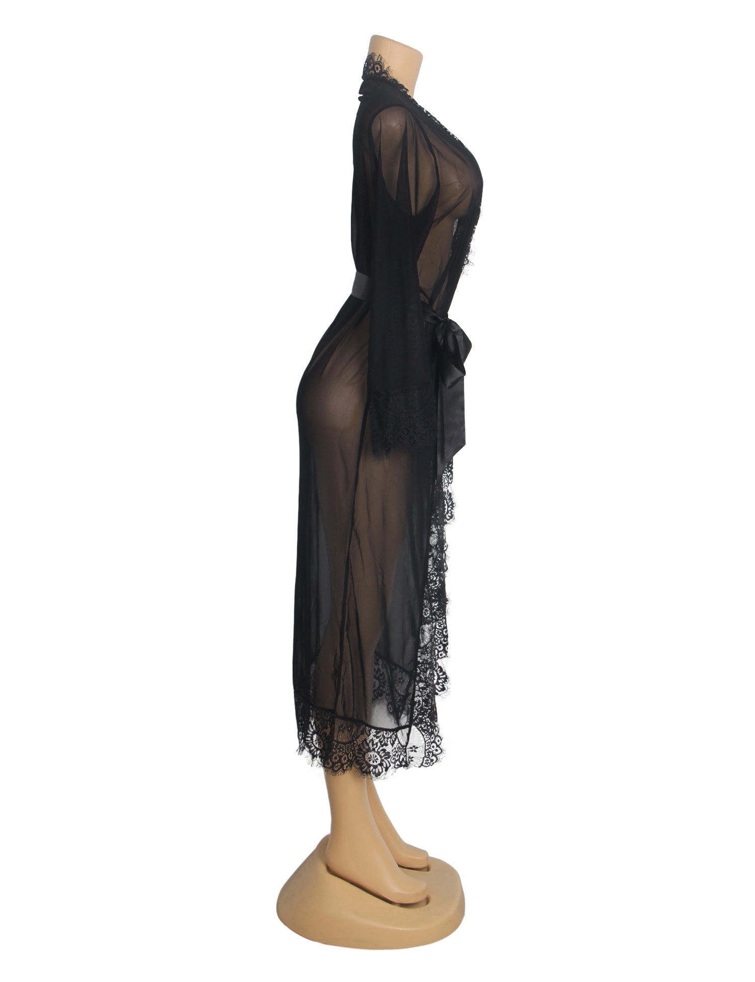 Black Mesh Open - Front Long Robe with Eyelash Lace at Bust, Waist & Hem, and Adjustable Waistband - TeaseFashion