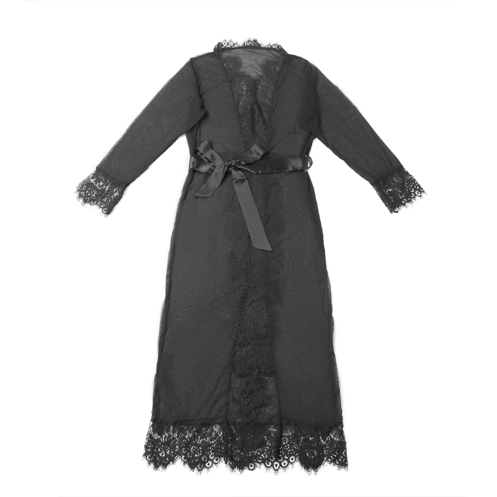 Black Mesh Open - Front Long Robe with Eyelash Lace at Bust, Waist & Hem, and Adjustable Waistband - TeaseFashion