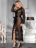 Black Mesh Open - Front Long Robe with Eyelash Lace at Bust, Waist & Hem, and Adjustable Waistband - TeaseFashion