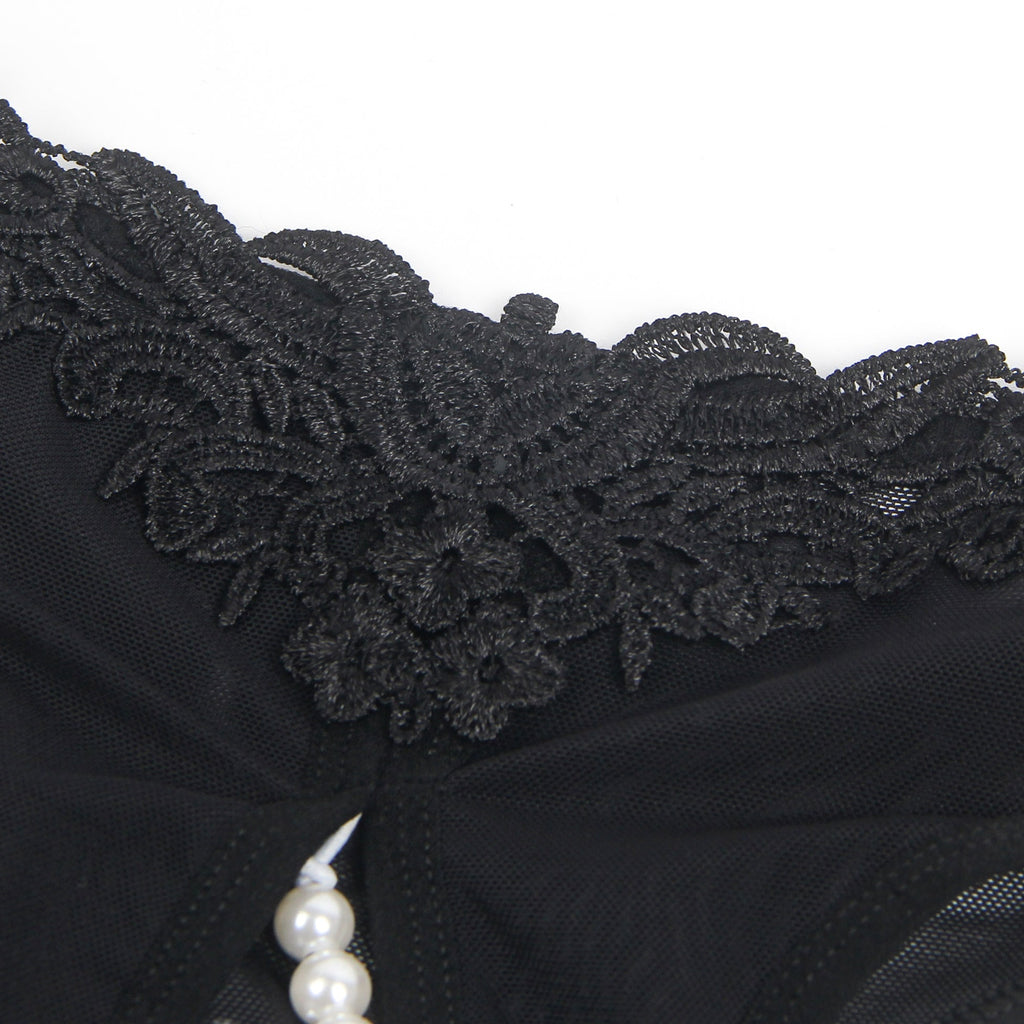 Black Mesh Panty – 3D Embroidered Waistband, Open Crotch & Pearl Detail - TeaseFashion