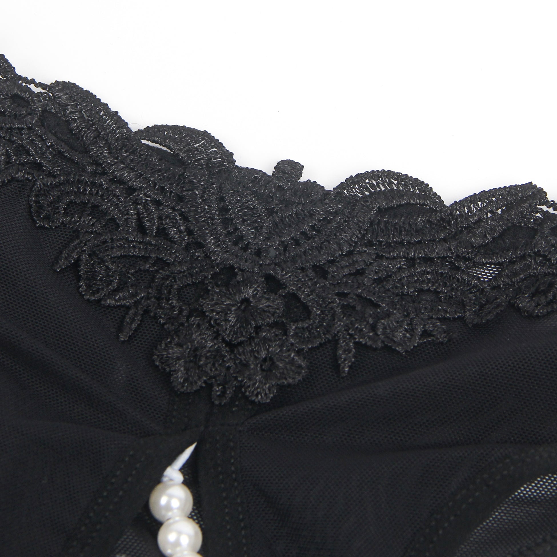 Black Mesh Panty – 3D Embroidered Waistband, Open Crotch & Pearl Detail - TeaseFashion