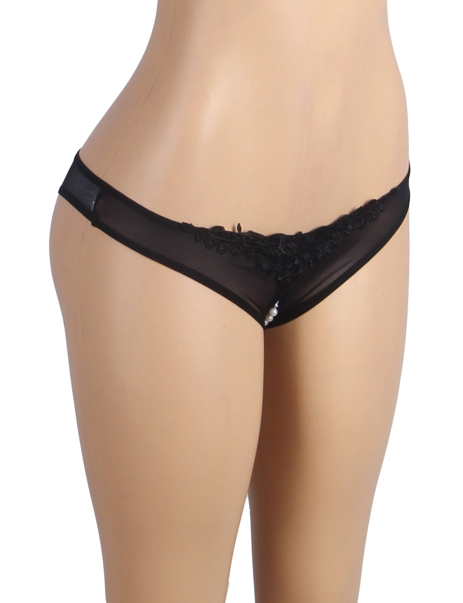 Black Mesh Panty – 3D Embroidered Waistband, Open Crotch & Pearl Detail - TeaseFashion