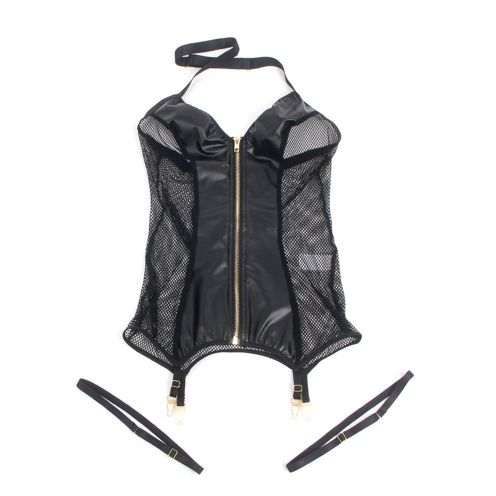 Black Mesh PU Leather Deep V - Neck Halter Sexy Lingerie - TeaseFashion