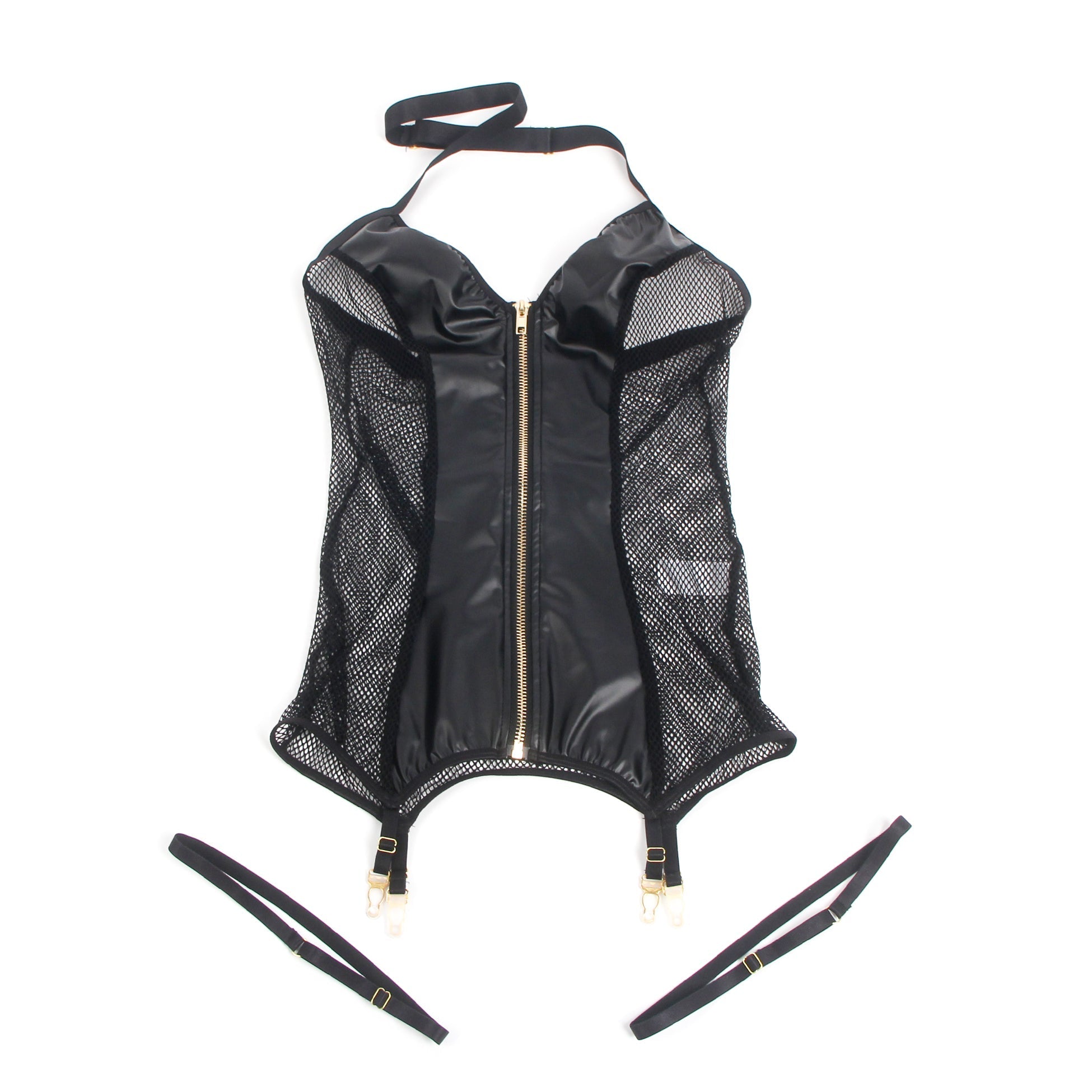 Black Mesh PU Leather Deep V - Neck Halter Sexy Lingerie - TeaseFashion
