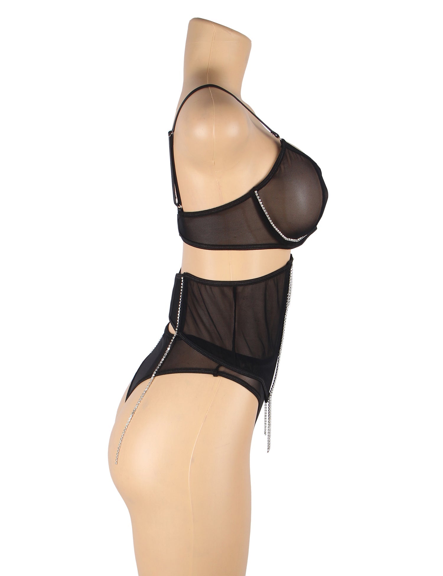 Black Mesh Rhinestone Lingerie Set – Underwire & Boned Cincher - TeaseFashion