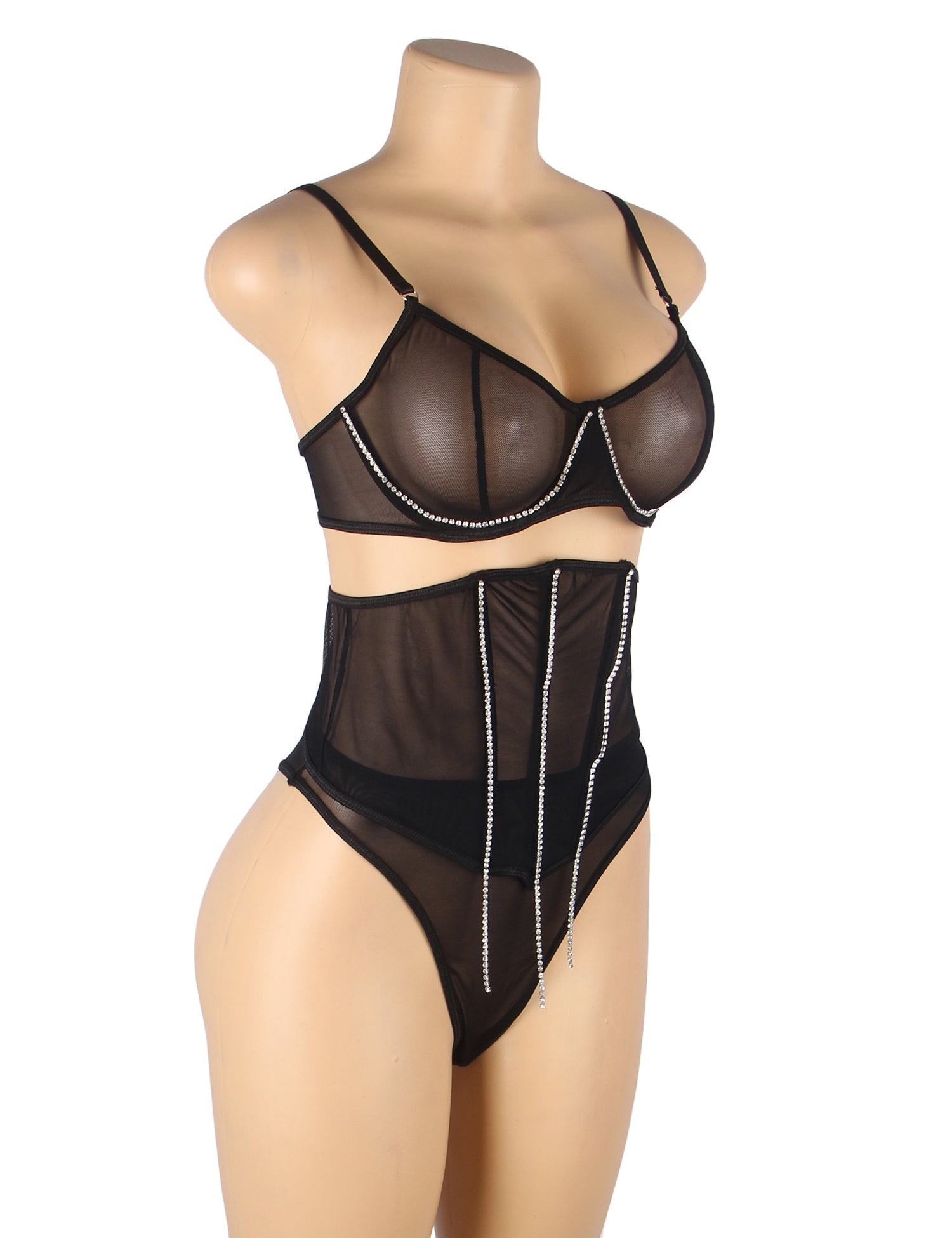 Black Mesh Rhinestone Lingerie Set – Underwire & Boned Cincher - TeaseFashion