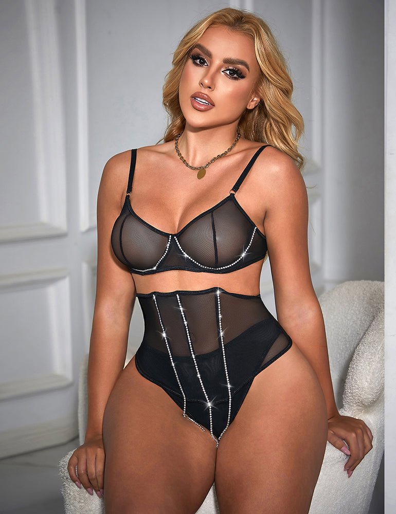 Black Mesh Rhinestone Lingerie Set – Underwire & Boned Cincher - TeaseFashion