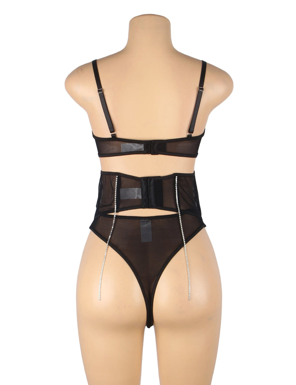 Black Mesh Rhinestone Lingerie Set – Underwire & Boned Cincher - TeaseFashion
