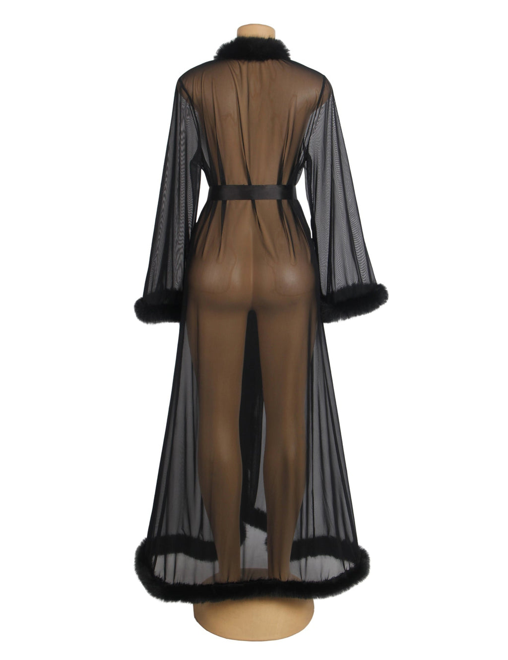 Black Mesh Robe – Faux Mink Fur Trim, Long Sleeve, Floor - Length & Silk Belt - TeaseFashion