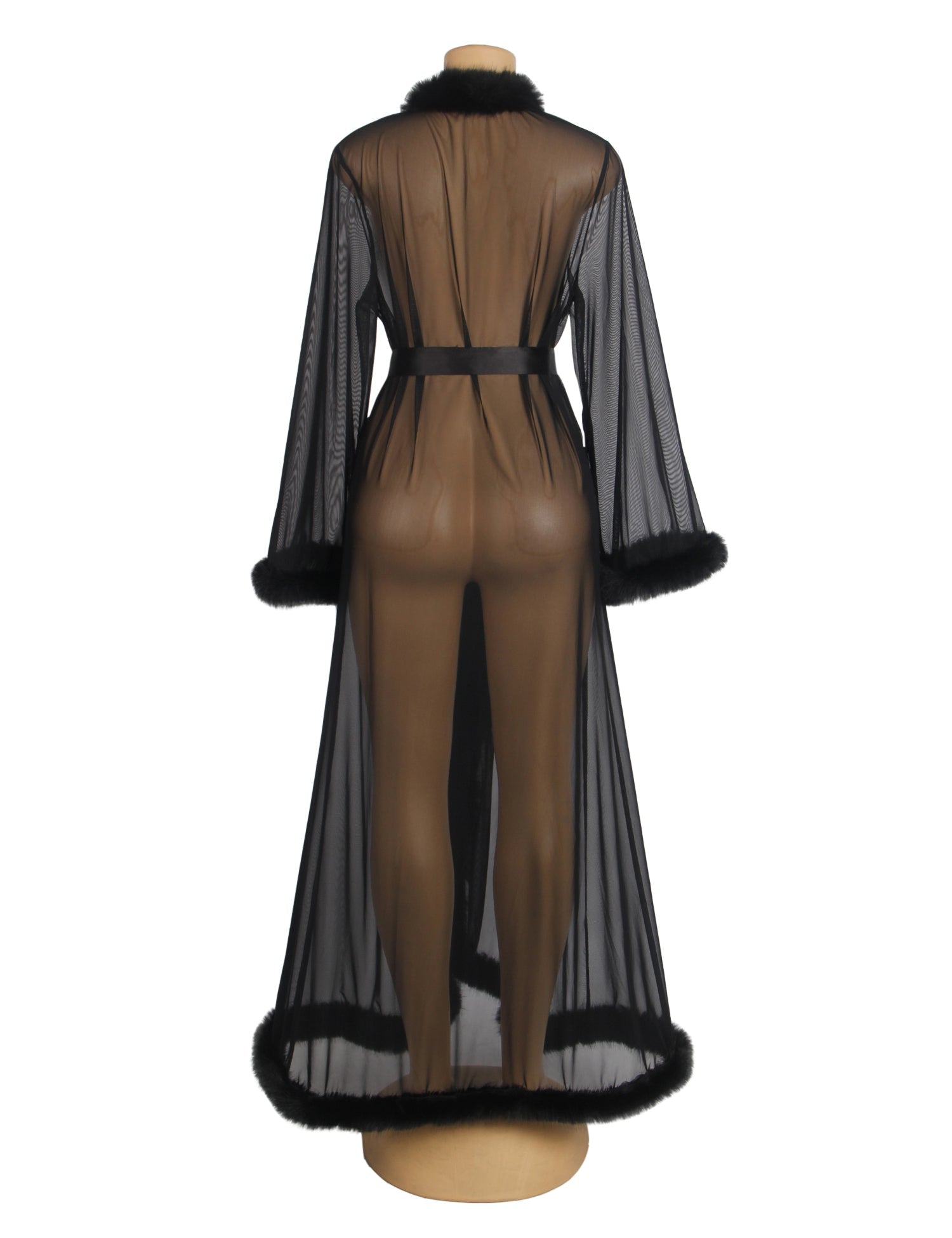 Black Mesh Robe – Faux Mink Fur Trim, Long Sleeve, Floor - Length & Silk Belt - TeaseFashion