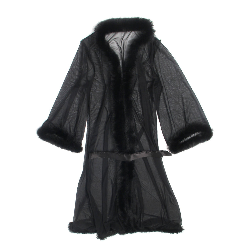 Black Mesh Robe – Faux Mink Fur Trim, Long Sleeve, Floor - Length & Silk Belt - TeaseFashion
