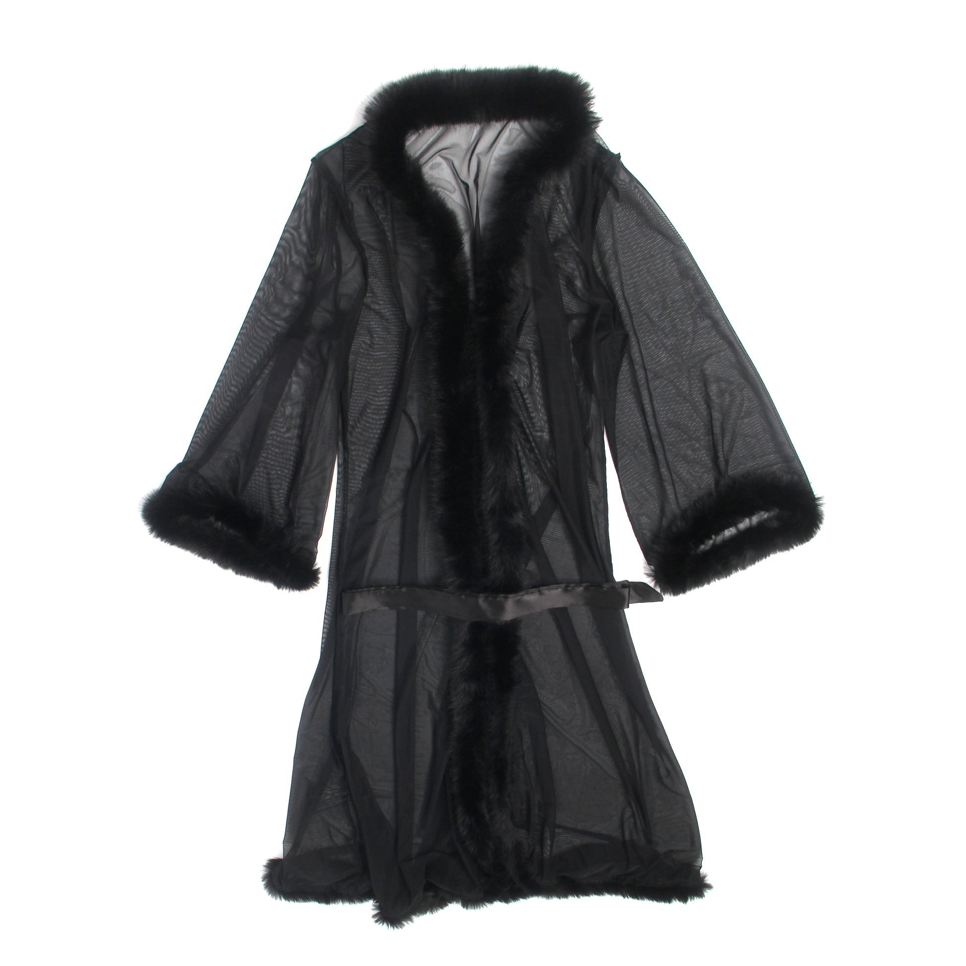 Black Mesh Robe – Faux Mink Fur Trim, Long Sleeve, Floor - Length & Silk Belt - TeaseFashion