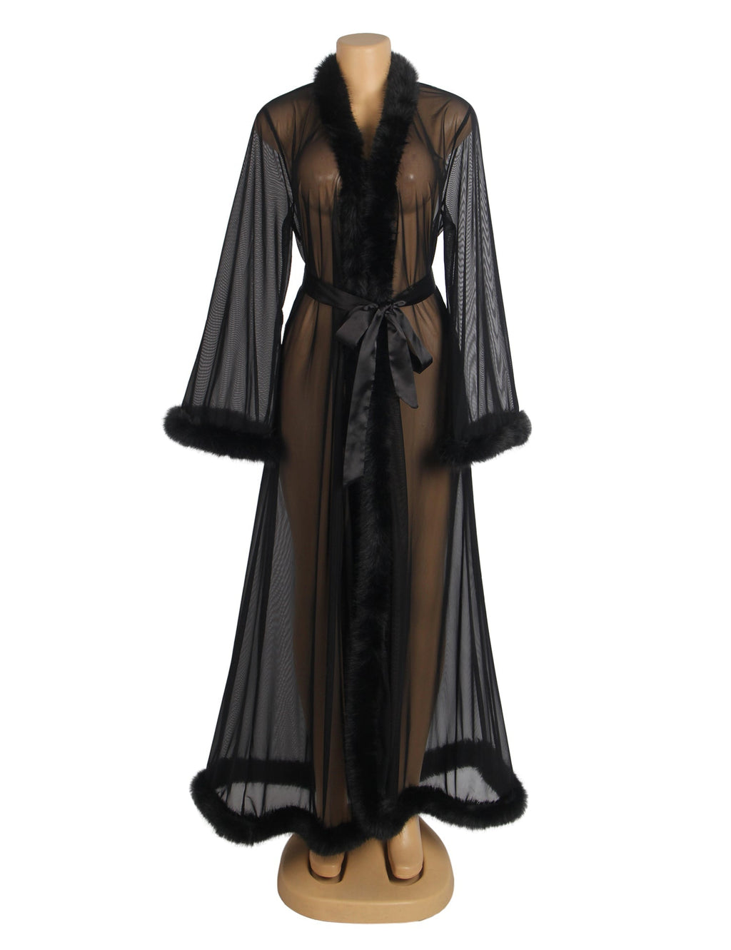 Black Mesh Robe – Faux Mink Fur Trim, Long Sleeve, Floor - Length & Silk Belt - TeaseFashion