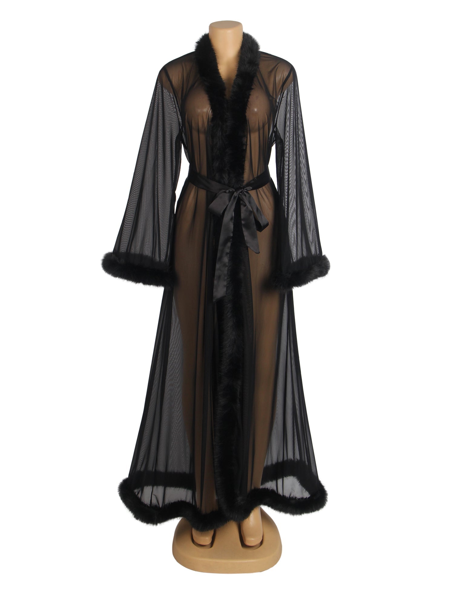 Black Mesh Robe – Faux Mink Fur Trim, Long Sleeve, Floor - Length & Silk Belt - TeaseFashion