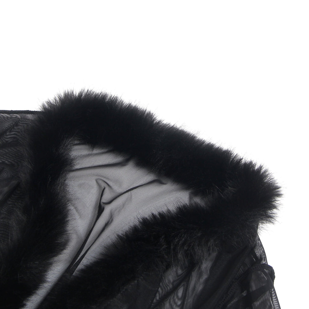 Black Mesh Robe – Faux Mink Fur Trim, Long Sleeve, Floor - Length & Silk Belt - TeaseFashion