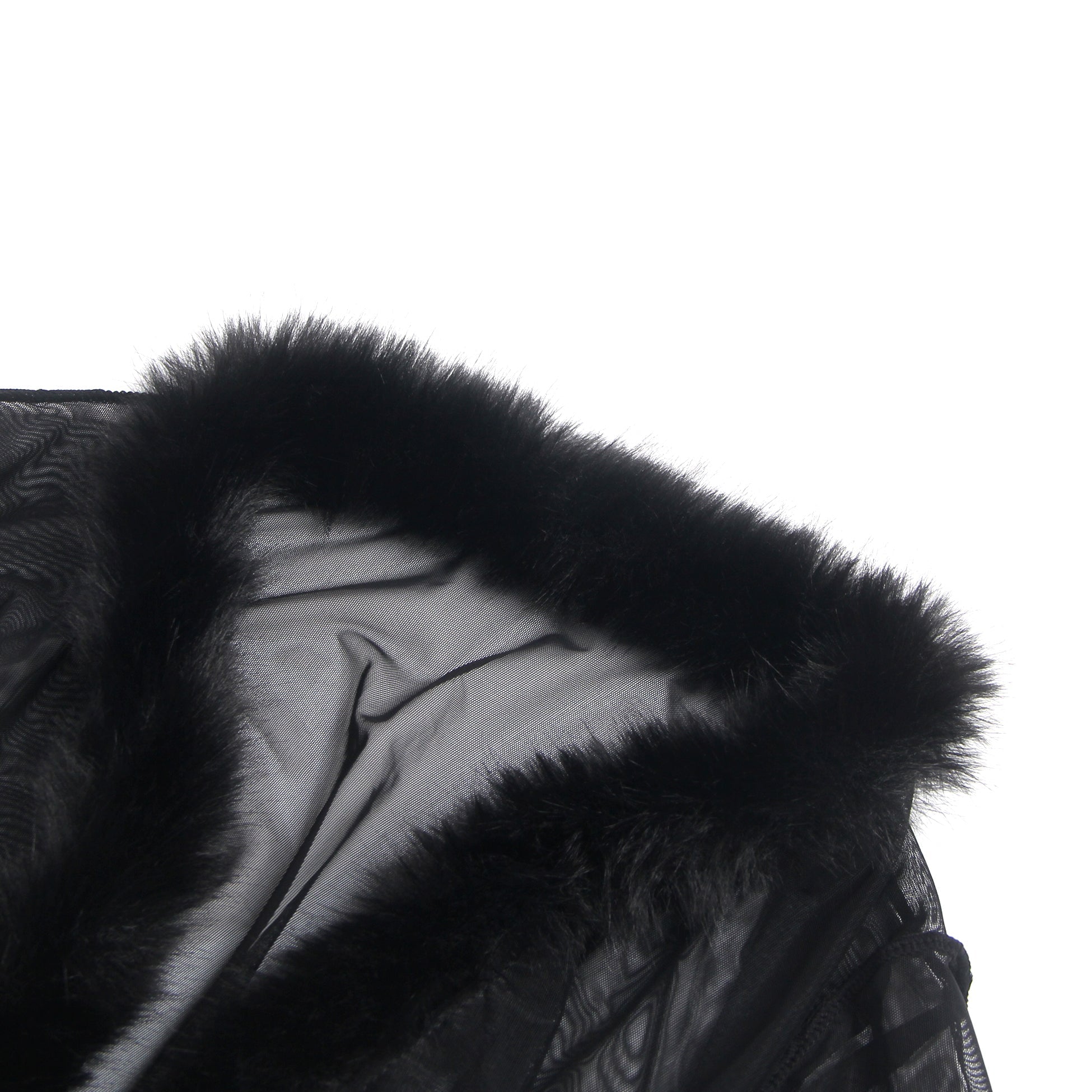 Black Mesh Robe – Faux Mink Fur Trim, Long Sleeve, Floor - Length & Silk Belt - TeaseFashion