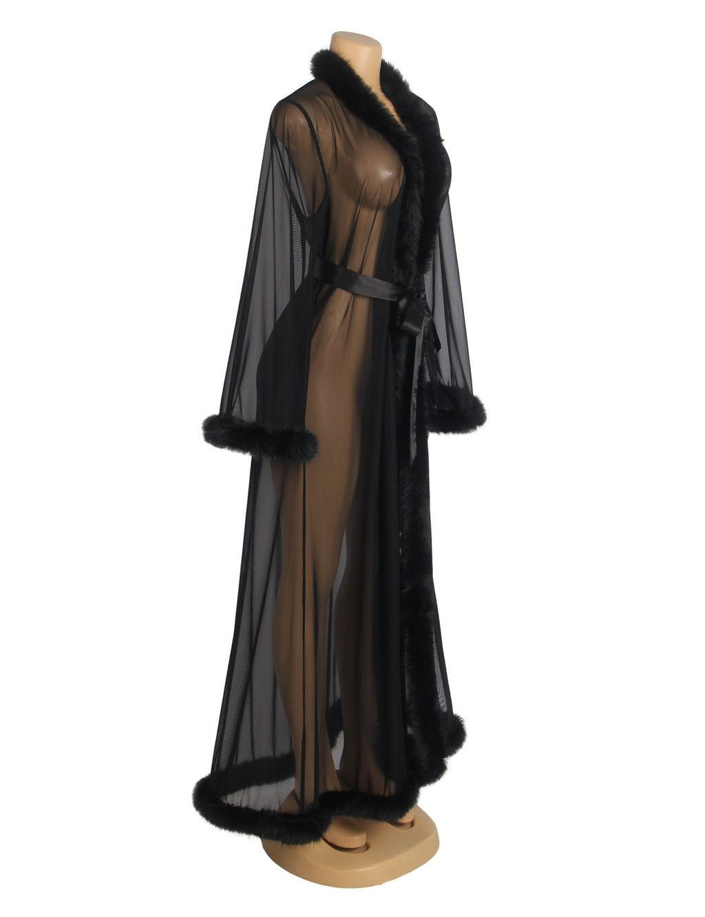 Black Mesh Robe – Faux Mink Fur Trim, Long Sleeve, Floor - Length & Silk Belt - TeaseFashion